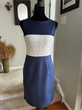 Patrizia Luca Milano Lace Colorblock Sheath Dress Navy Cream Size S Back Zip